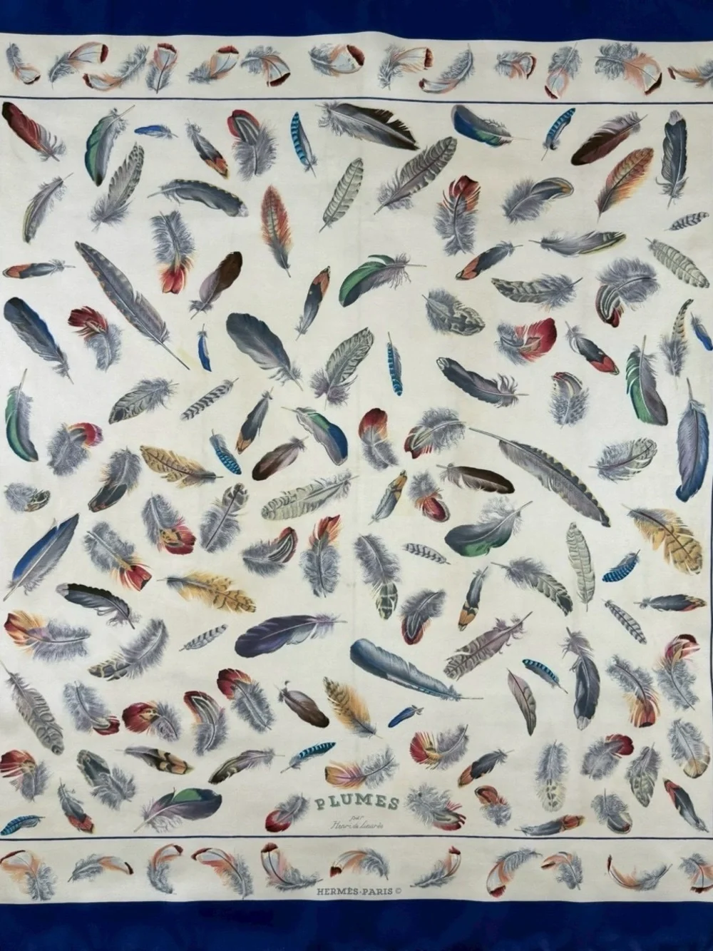 Hermes Multicolor Feather Print Silk Scarf - Blue Trim